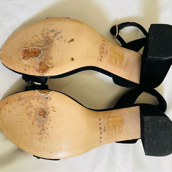 SANDRO PARIS Black Suede Sandals Gina Block Heels Studded Size 39 US 8.5 - Picture 7 of 11